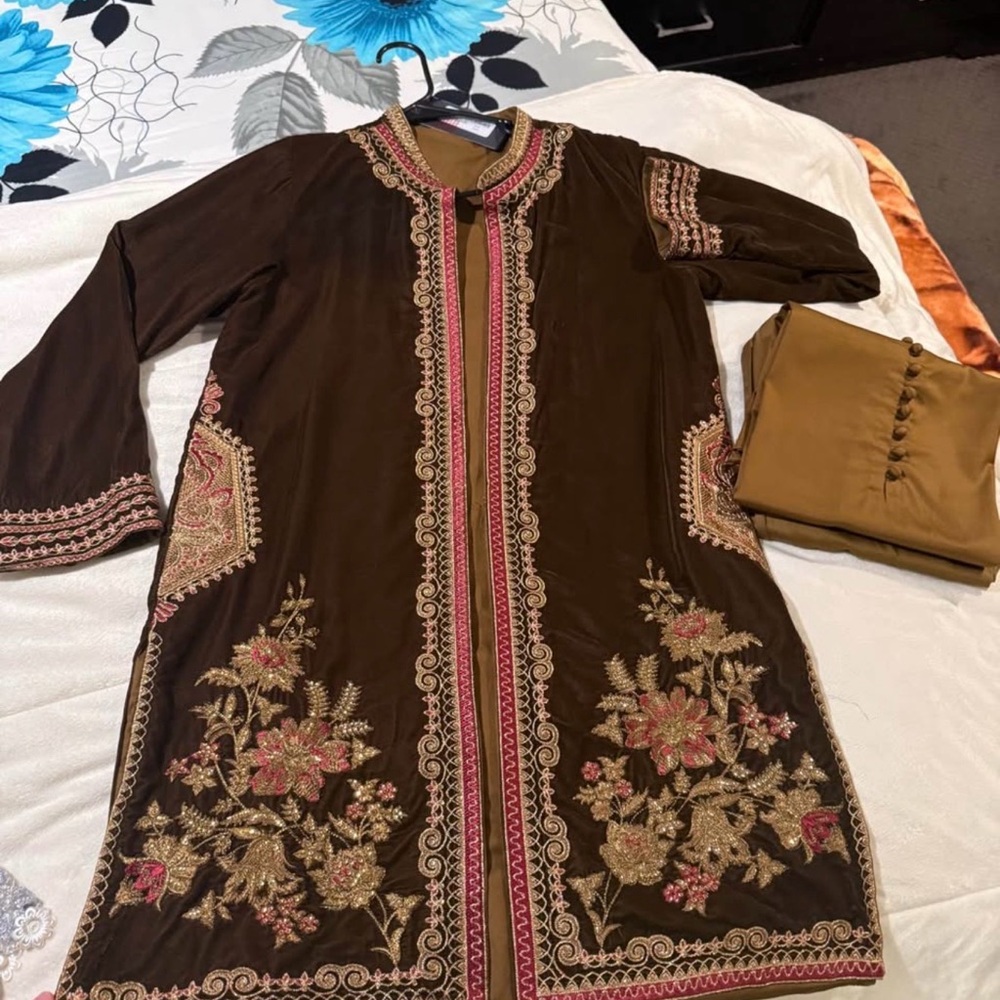 Embroidered Brown & Pink Long Tunic with Golden Floral Accents
